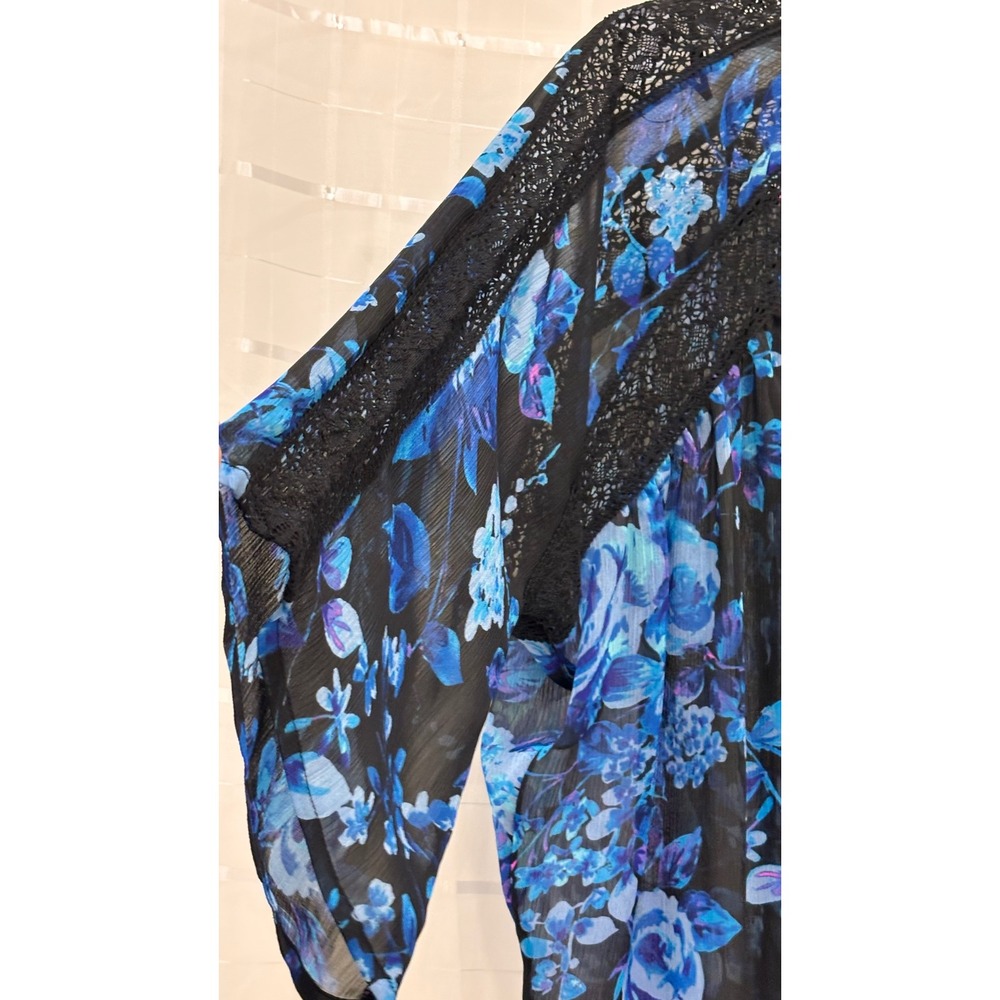 Express Floral Kimono Cardigan Blue Purple Lace Crochet Trim Sheer Chiffon XS - Picture 4 of 7